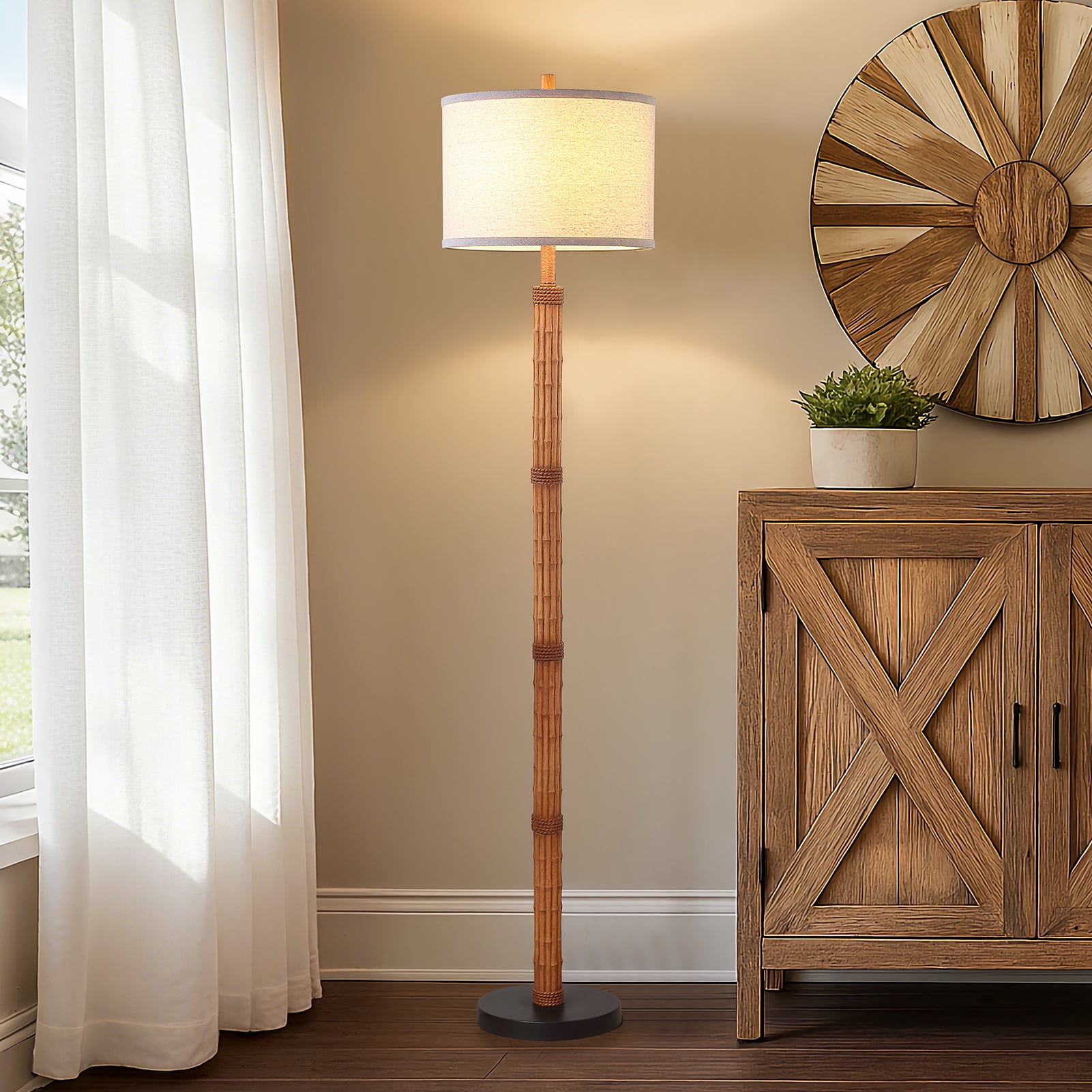 RORIA 63" Bamboo Stripe Floor Lamp, Modern Farmhouse Style Standing Lamp Featuring a Knob Switch and a Linen Shade, Suitable for Living Rooms, Bedrooms, and Offices