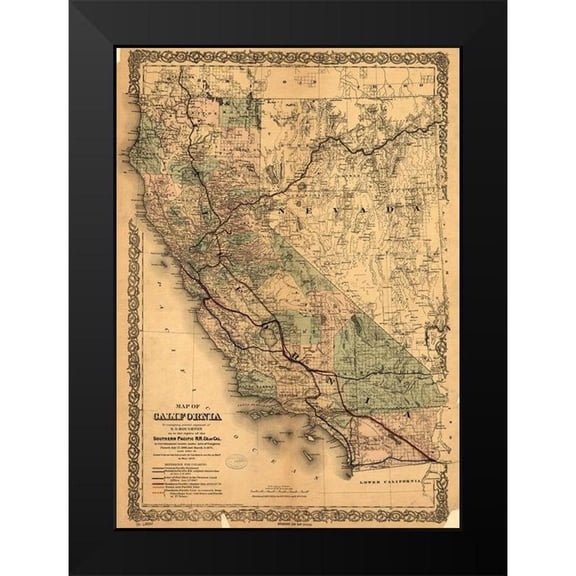Vintage Maps 11x14 Black Modern Framed Museum Art Print Titled - California Southern Pacific 1876