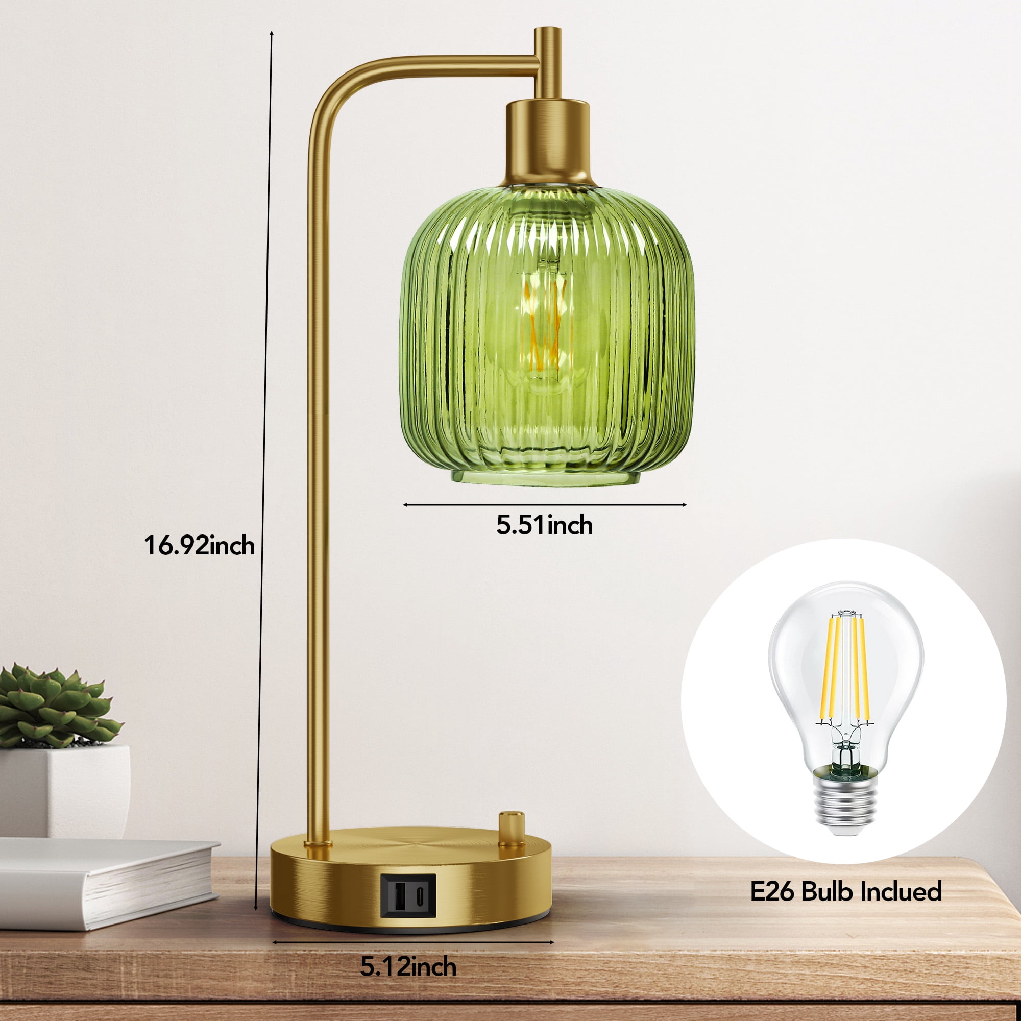 SparkGlowy Industrial Table Lamp for Bedroom Set of 2, Green Glass Beside Lamp with USB A&C Ports, Stepless Dimmable Gold Lamps, Nightstand Lamps for Living Room (Bulb Included)