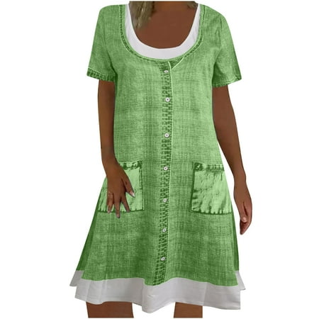 

Juebong Fashion Women Casual Sexy Round-Neck Floral Printing Fake Two-Piece Short Sleeve Dress