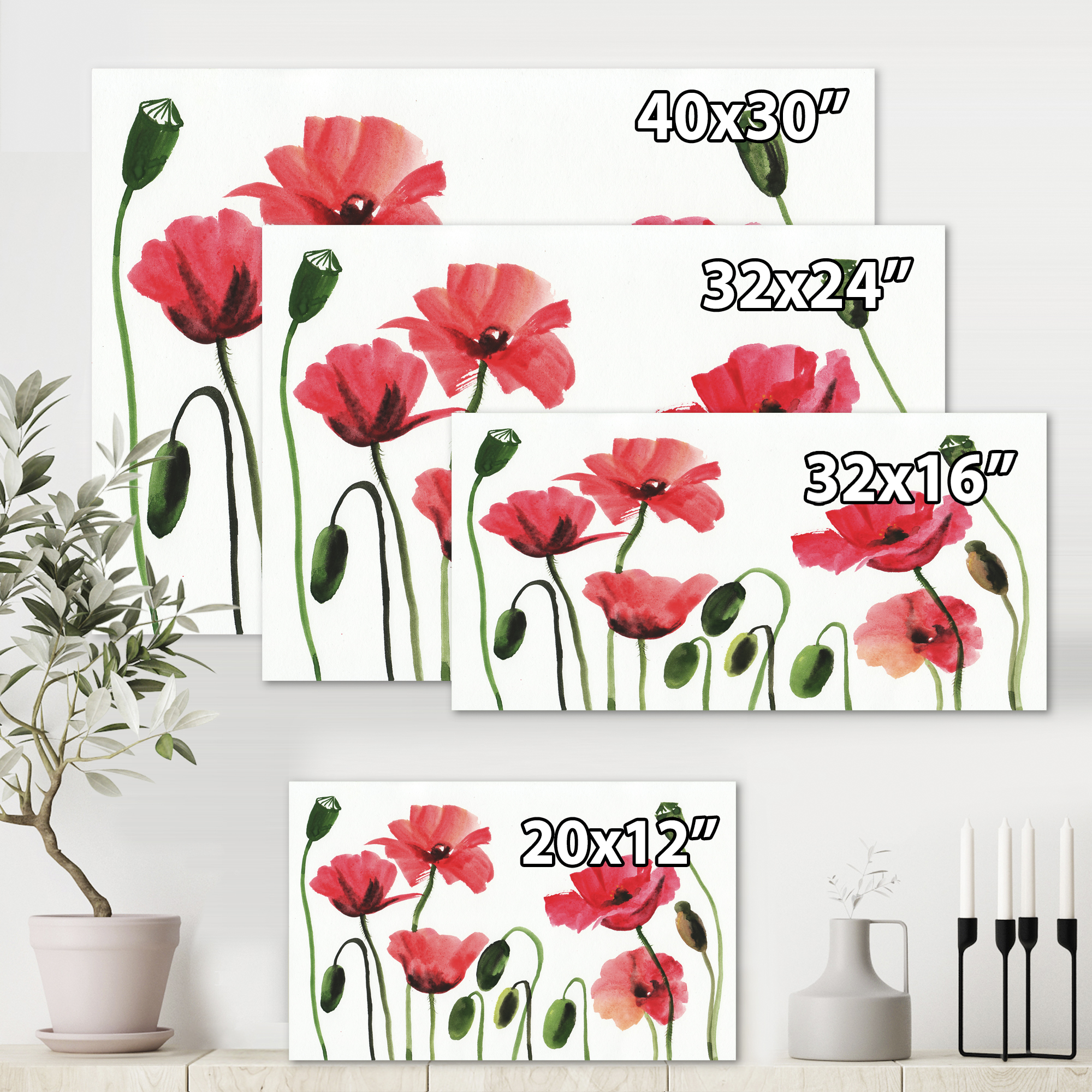 Designart ' Ancient Red Blooming Poppies ' Traditional Canvas Wall Art Print