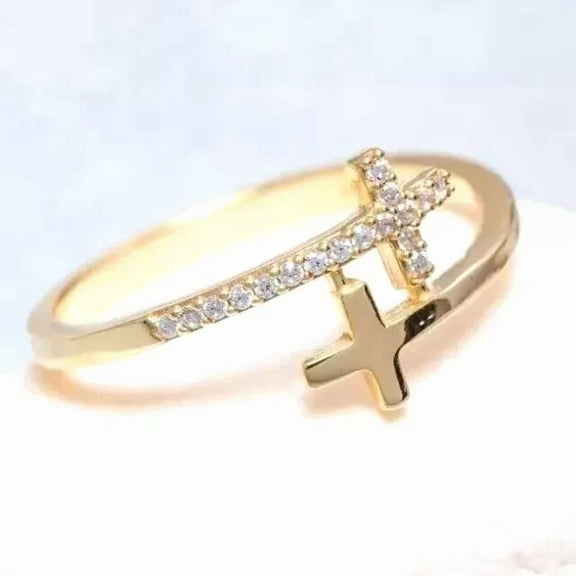 1Ct Round Cut Moissanite Engagement Cross Ring 14kYellow Gold Plated 925 Silver