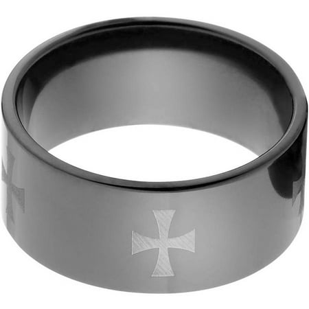 10mm Flat Black Zirconium Ring with a Laser Celtic Cross