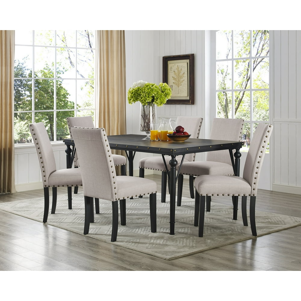 Roundhill Biony 7Piece Espresso Wood Dining Set with Tan Fabric Nail