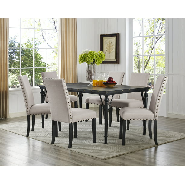 Roundhill Furniture Biony 7 Piece Espresso Wood Dining Set With Tan Fabric Nail Head Chairs Size Medium, Head Of Table Dining Room Chairs Grey Fabric