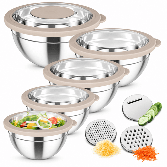 Khaki Stainless Steel Nesting Mixing Bowl Set with Lids and Graters, 5 Piece