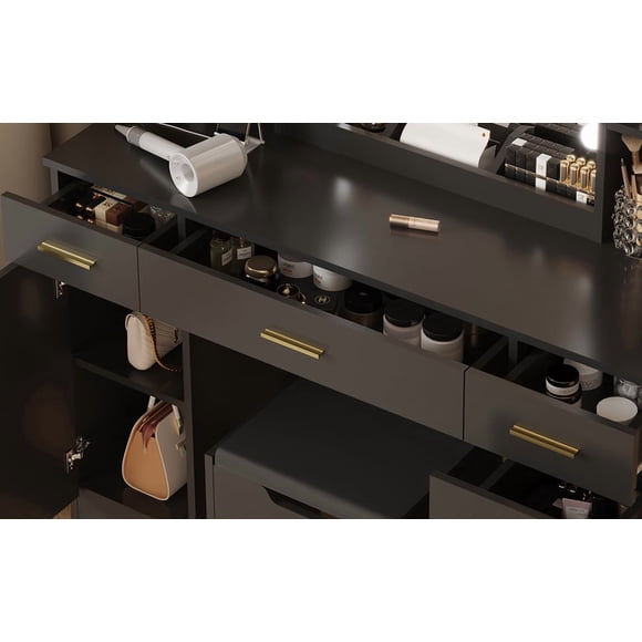 Black Vanity Desk with LED Mirror – 10 Dimmable LED Lights, 5 Sliding Metal Drawers, 6 Open Shelves, 3 Adjustable Color Modes – Makeup Vanity Table for Bedroom, Women & Girls, Black