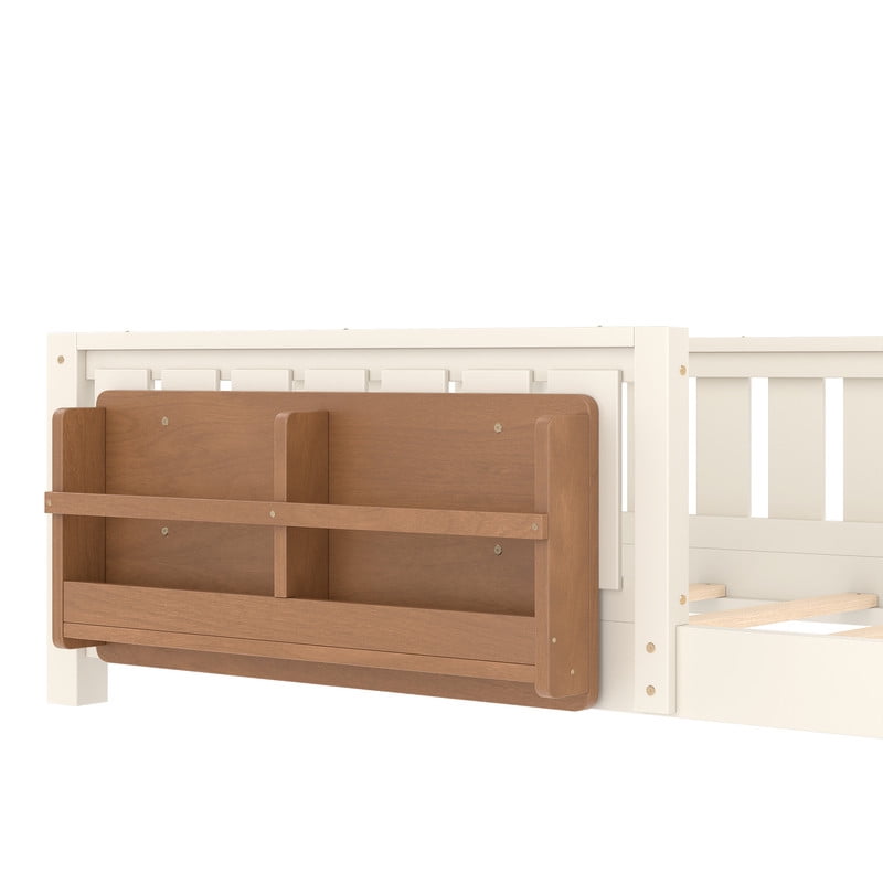 Bellemave Twin Size Floor Bed with Bookshelf, Wood Montessori Beds with Slats and Safety Guardrail, Low Profile Twin Bed Frame with Fence, No Box Spring Needed (Beige)