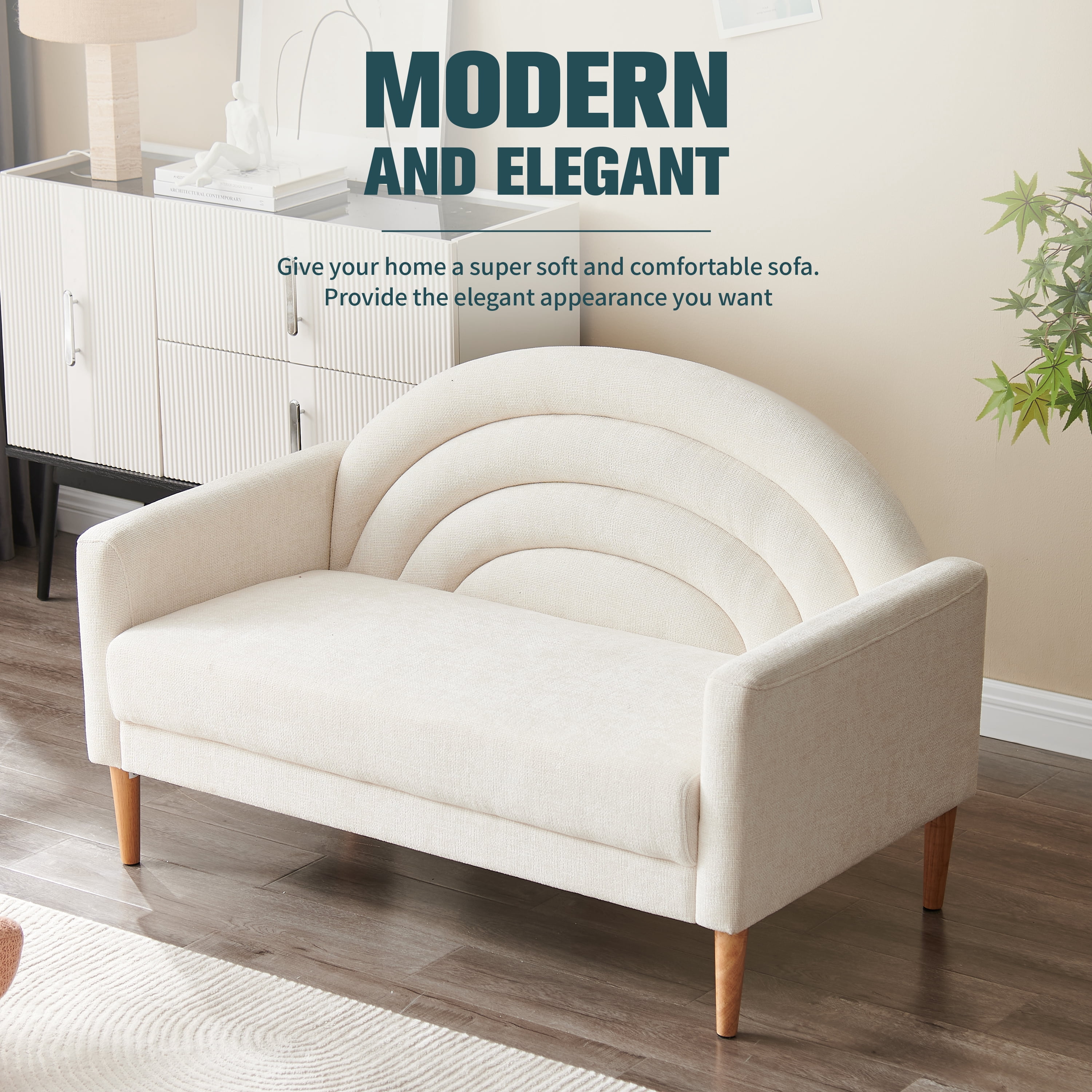 Loveseat Sofa for Small Spaces,49.6" Mid-Century Modern Linen Small Couch with Arched Backrest,2-Seater Upholstered Settee,600 lbs Capacity,Cream