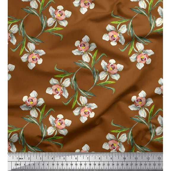 Soimoi Brown Cotton Duck Fabric Leaves & Daffodil Floral Print Fabric by Yard 42 Inch Wide