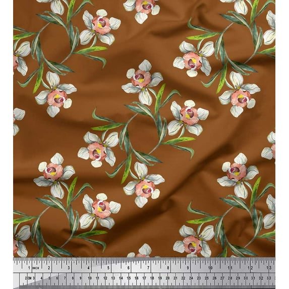 Soimoi Brown Cotton Jersey Fabric Leaves & Daffodil Floral Fabric Prints By Yard 58 Inch Wide