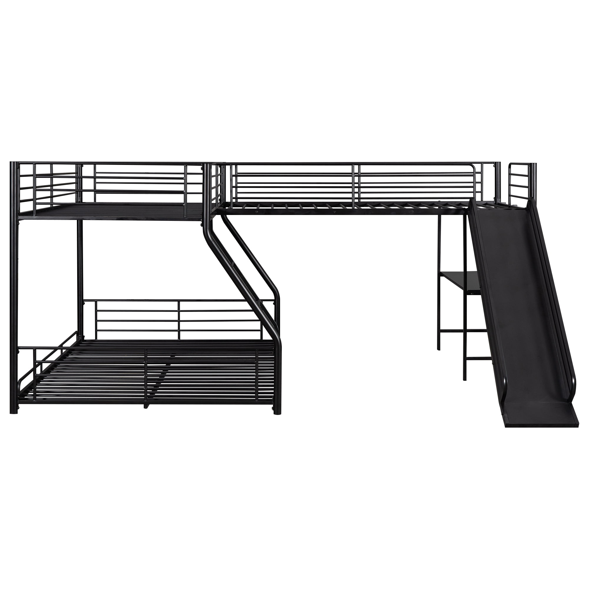 Aukfa Triple Bunk Bed with Desk and Slide, L-Shaped Metal Low Bunk Bed with a Twin Loft Bed for 3 Kids, Twin Over Full - Black
