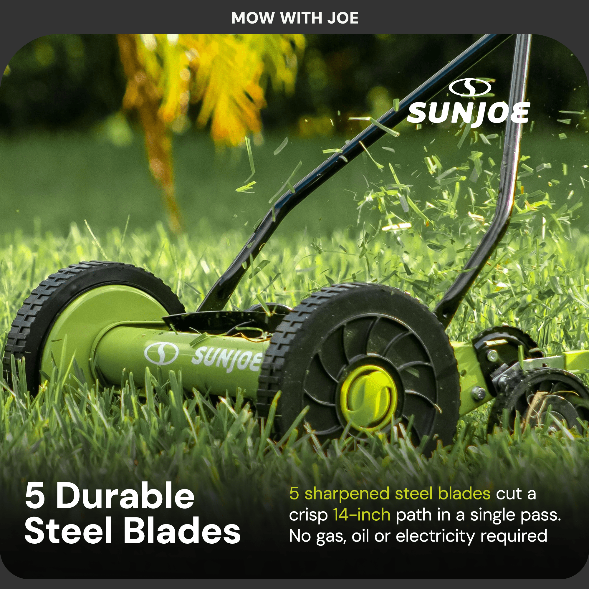 Sun Joe Manual Push Reel Lawn Mower with Quad Wheel, Adjustable Yard Grass Cutter, 14-Inch