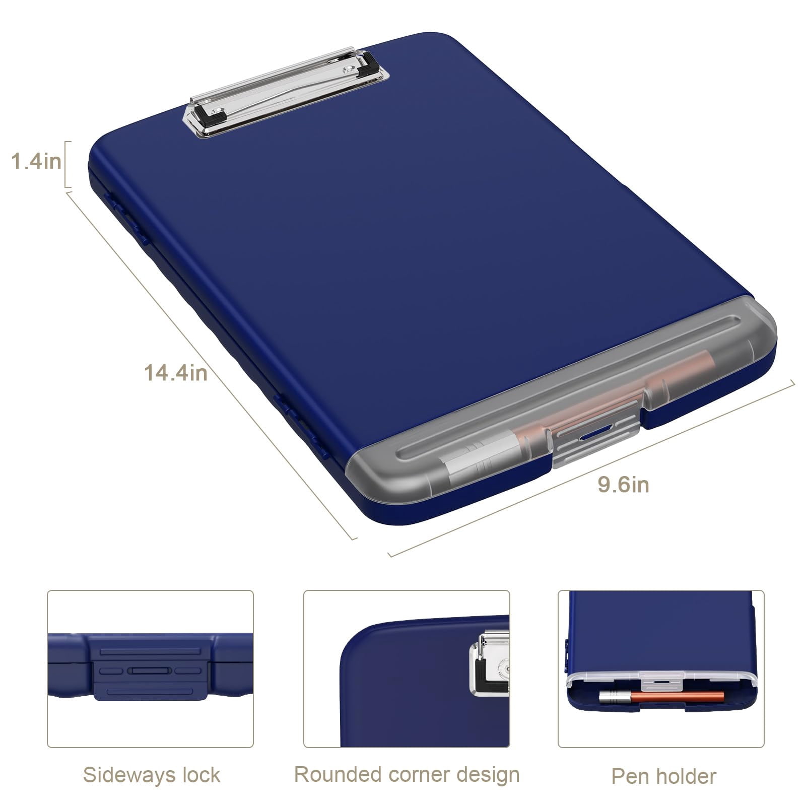 Clipboard With Storage  8.5 X 11 Organization Box Pen Holder And A4 Legal Paper Folder Heavy Duty Plastic Folio & Side-opening Low Profile Clip For Teachers Navy Blue
