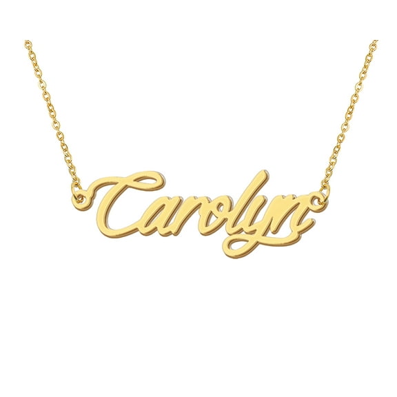 HUAN XUN 18k Gold Plated Carolyn Name Necklace Stainless Steel Nameplate Necklaces for Womens Mens Mother Day Christmas Jewelry Gift