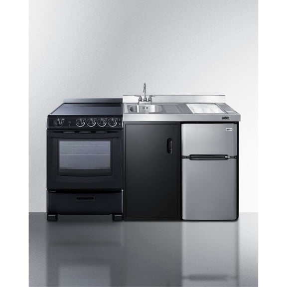 Summit Appliance ACK63ELSTB All-in-One Kitchenette with Refrigerator, Black, 63 in, 220 V