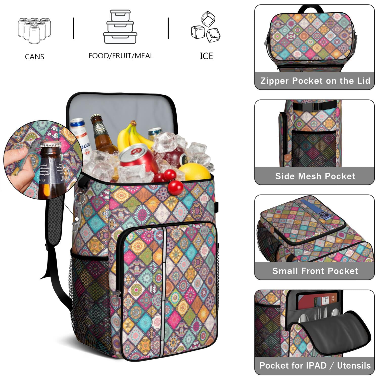Travel Cooler Bag - Boho Bohemia Flower Camping Beer Cooler Backpack with Bottle Opener- Waterproof Insulated Picnic Backpacks - Cooler Bag for Beach