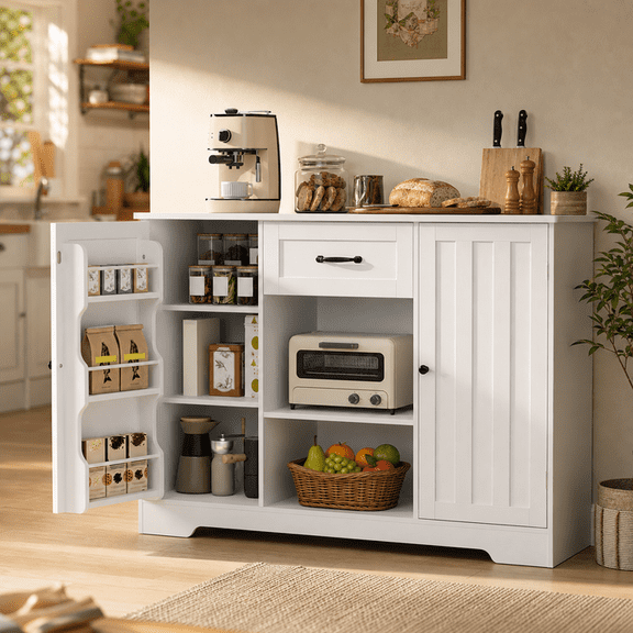 Aiho Farmhouse Sideboard Buffet Cabinet, Kitchen Storage Cabinet with Wood Top, Coffee Bar with Drawer, Open Shelf and Doors - White
