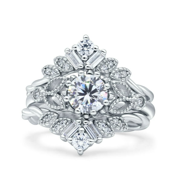 Blue Apple Co. Art Deco Three Piece Wedding Women Wedding Ring Round CZ 925 Sterling Silver Size 5.