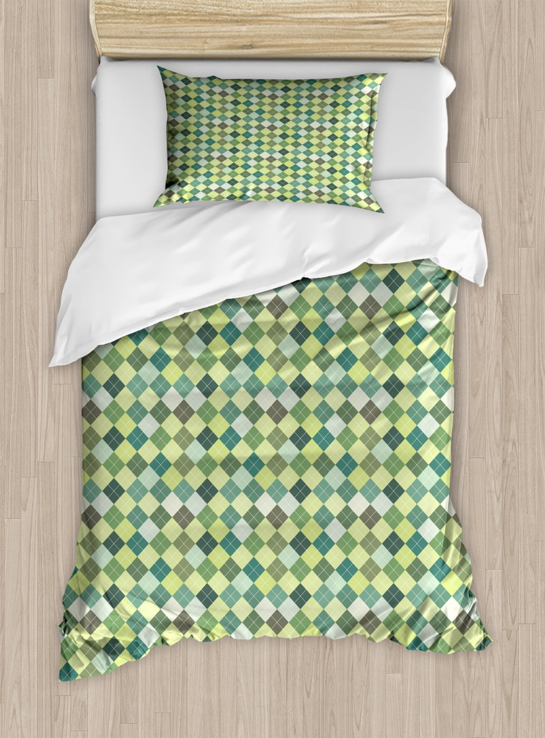 Plaid Duvet Cover Set Traditional Argyle Pattern In Pastel Green