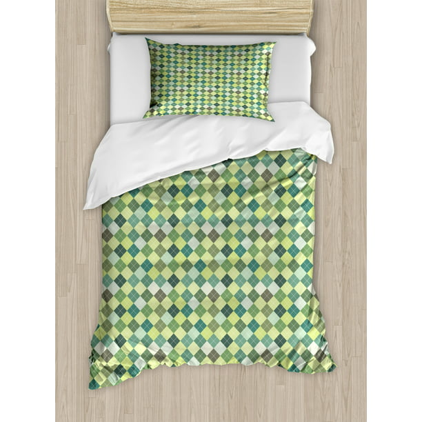 Plaid Duvet Cover Set Traditional Argyle Pattern In Pastel Green