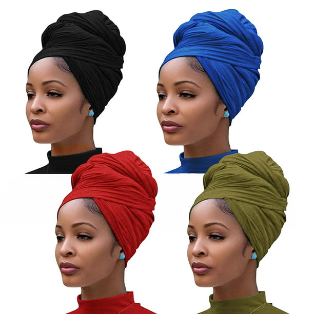 4 Pieces Stretch Jersey Turban Head Wrap Knit Headwraps Urban Hair Scarf  Solid Color Extra Long Hair Scarf Urban African Head Wrap Head Band Ultra  Breathable Soft Turban Tie for Women -