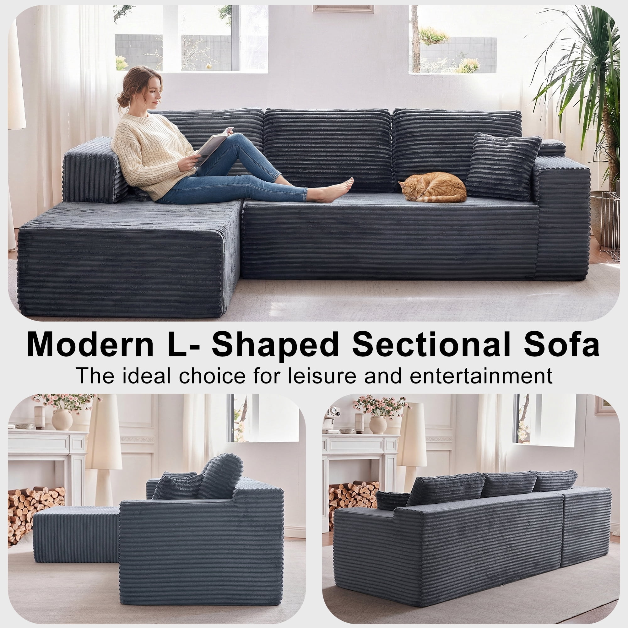 Actoroom 106" Modular Sectional Couch, L-Shape Boneless Cloud Couch, 4 in 1 Convertible Upholstered Sofa for Living Room, Grey