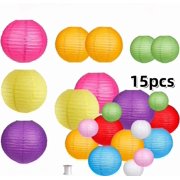 Round Hanging Lanterns 15pcs, Colorful Paper Party Decor for Wedding, Rainbow Birthday & Mexican Fiesta Celebration Decorations