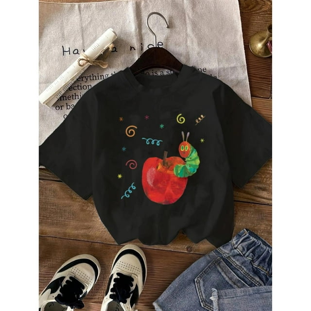 T-Shirt Décontracté à Col Rond pour Hommes avec Design Vibrant de Pomme et Chenille - Polyester Noir, Manches Courtes, Tenue Toutes Saisons, Tenue Décontractée/t-Shirt Graphique Ludique/construction en Tricot