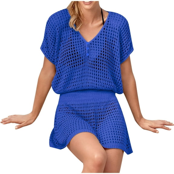 USSUMA Bathing Suit Cover Up for Women Short Sleeve Elegant T-shirt with Button Hollow Out Valentine's Day loose casual Tshirt Knit Women's Swimsuits for Vacation Walking Athletic Fit Blue