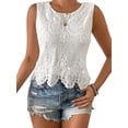 thumbnail image 3 of Women'S Floral Lace Blouse Crew Neck Sleeveless Summer Tank Tops White XXL, 3 of 9