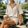 thumbnail image 4 of Mifsaly Short Outfits for Women 2 Piece Sets Short Sleeve Button Down Henley Shirts and Drawstring Shorts Casual Summer Beach Vacation Lounge Matching Clothes Beige,S, 4 of 9