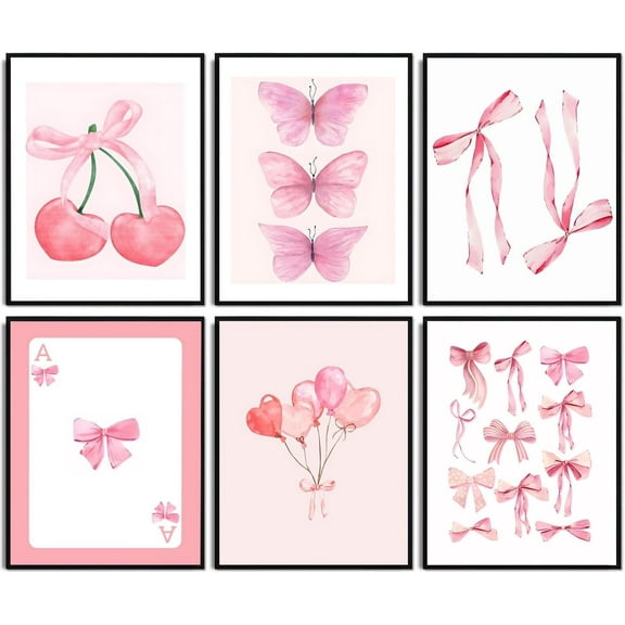 Pink Bow Canvas Wall Art Trendy Cute Girly Watercolor Bows Prints Painting Room Aesthetic Wall Decor Preppy Posters Coquette Room Decor for Living Room Girls apartment 8x10in Unframed Set of 6