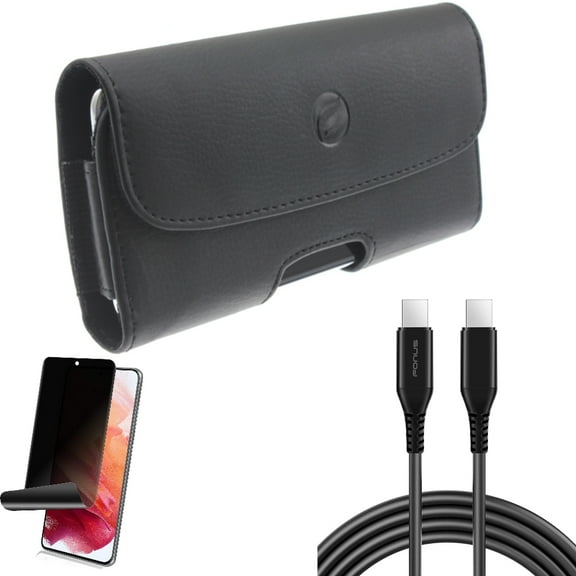 Privacy Screen Protector w 10ft Long USB-C Cable w Case Belt Clip for Samsung Galaxy S21 Plus - TPU Film Fingerprint Works, PD Fast Charger Cord Power, Leather Holster Accessory Bundle