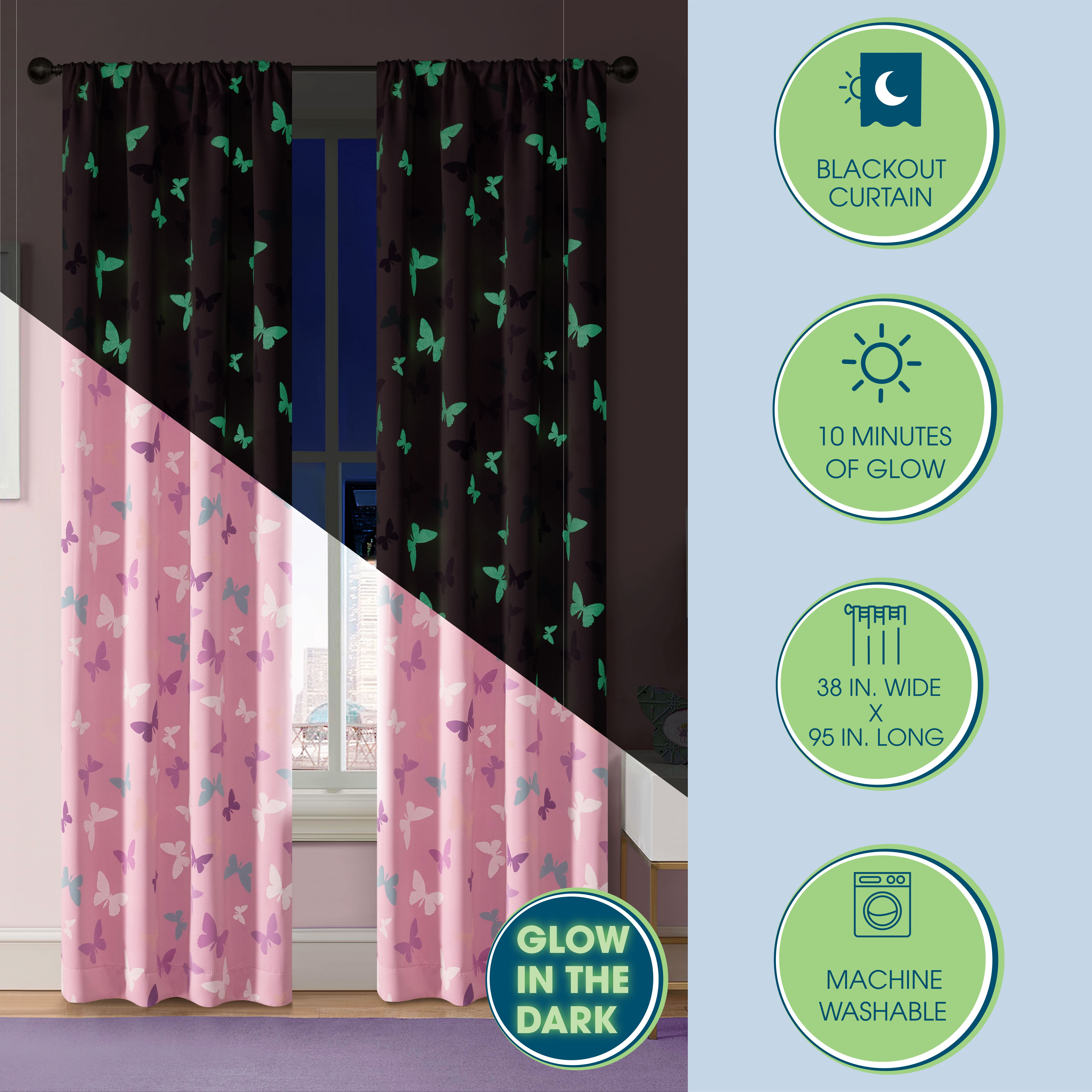 (2 pack) Your Zone Blackout Curtain Panel with Glow in the Dark Print, 1 Panel, Butterfly Pink, 37" W x 95" L
