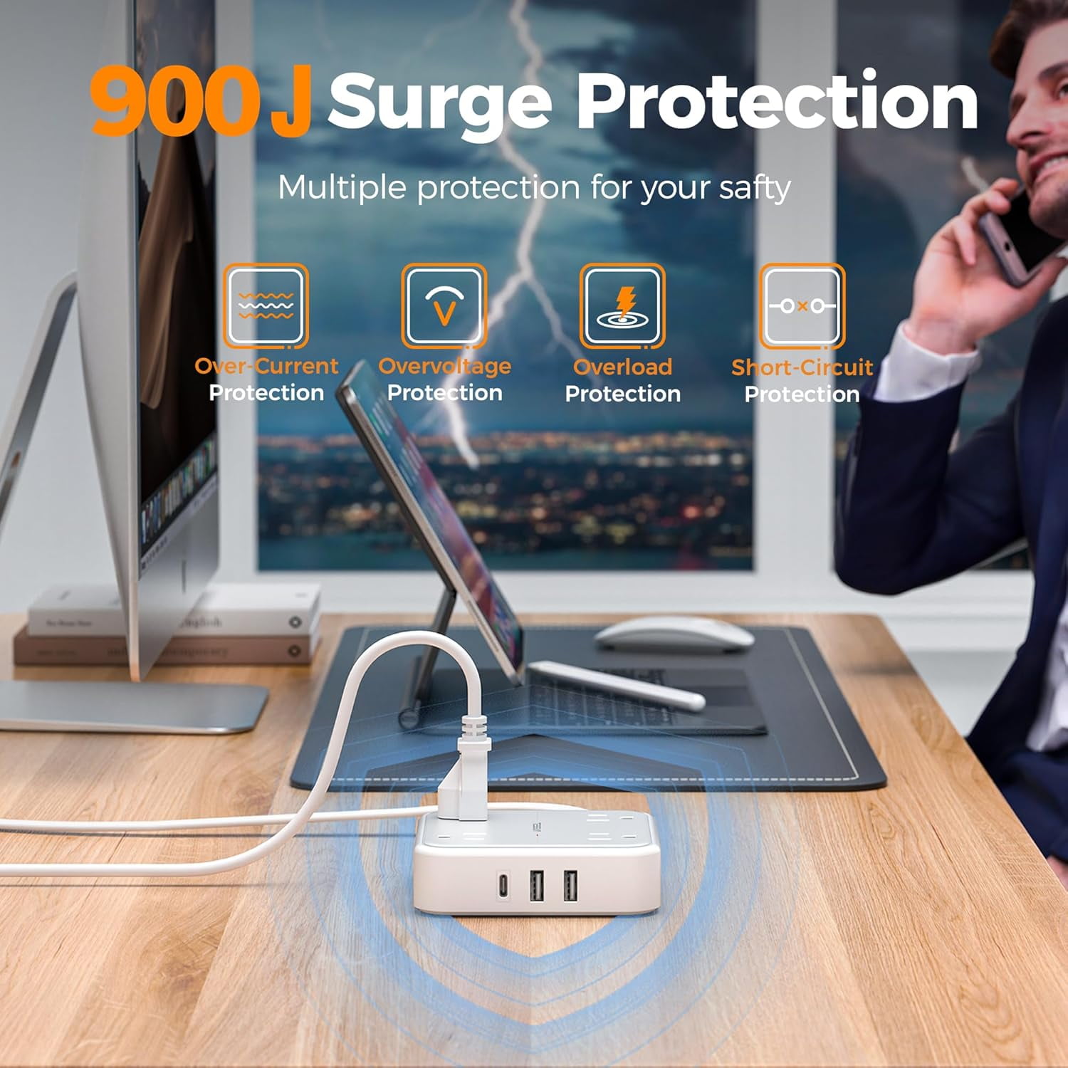 Surge Protector Power Strip, Ring Pull Flat Plug Extension Cord 10 Ft with 3 USB (1 USB C) 4 Outlets, 900 Joules Protection, Desktop Charging Station for Home, Office, College, Dorm Room, Gray