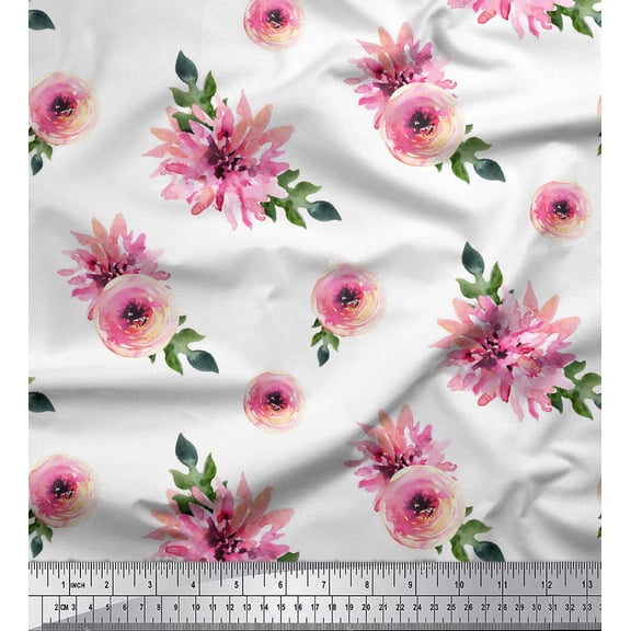 Soimoi White polyester Crepe Fabric Ranunculus & Chrysanthemum Floral Fabric Prints By Yard 42 Inch Wide