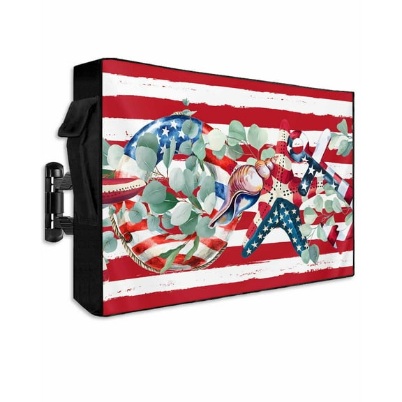 4th of July Outdoor TV Cover 70 to 75 Inch Weatherproof, Independence Day Star Botanical Red Striped 600D Oxford TV Covers with Waterproof Zipper, Outside Flat TV Screen Protector 68"Wx42"Hx4.5"D