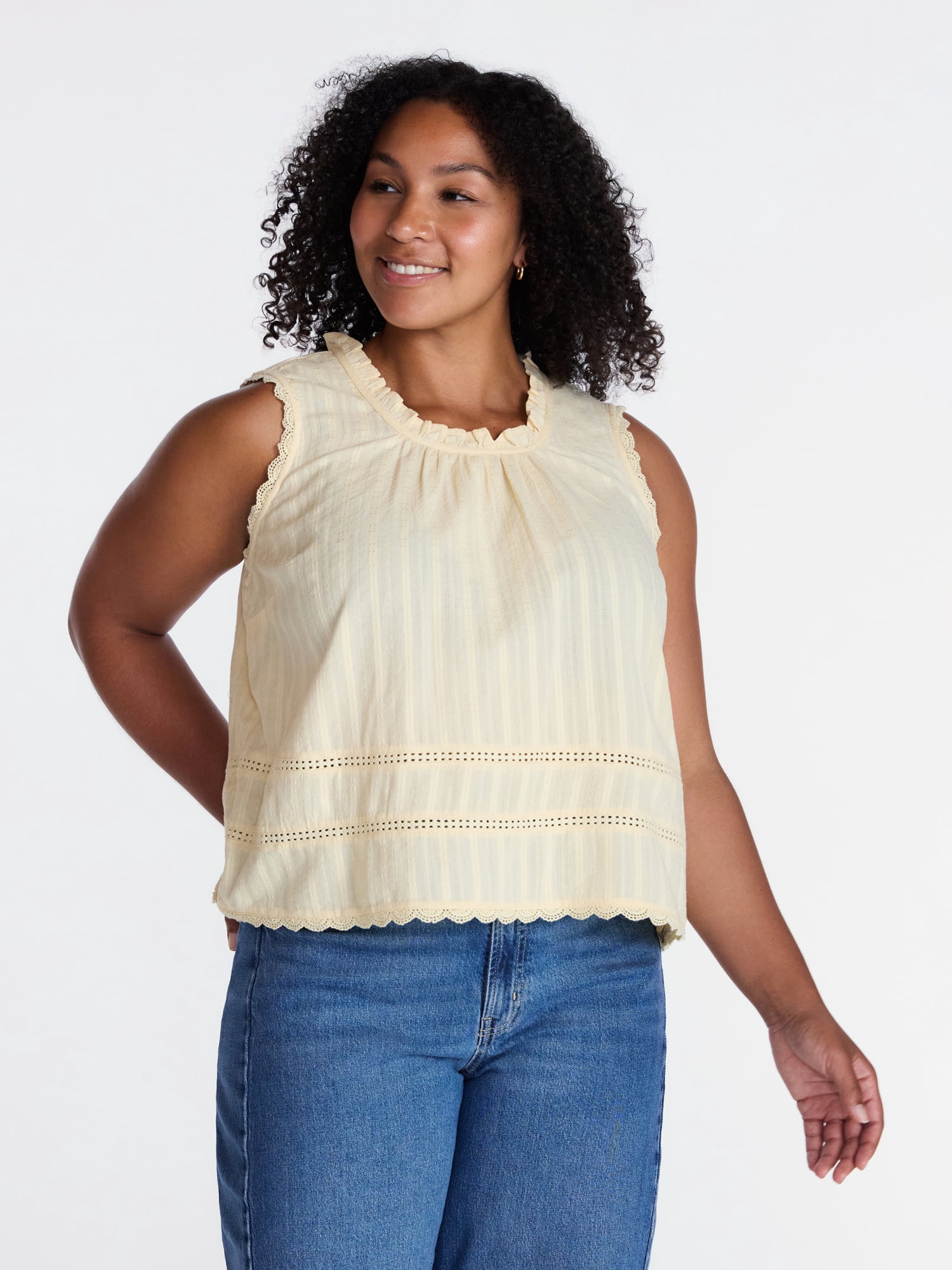 Time and Tru Women's Lace and Ruffle Cotton Tank Top, Sizes XS-XXXL