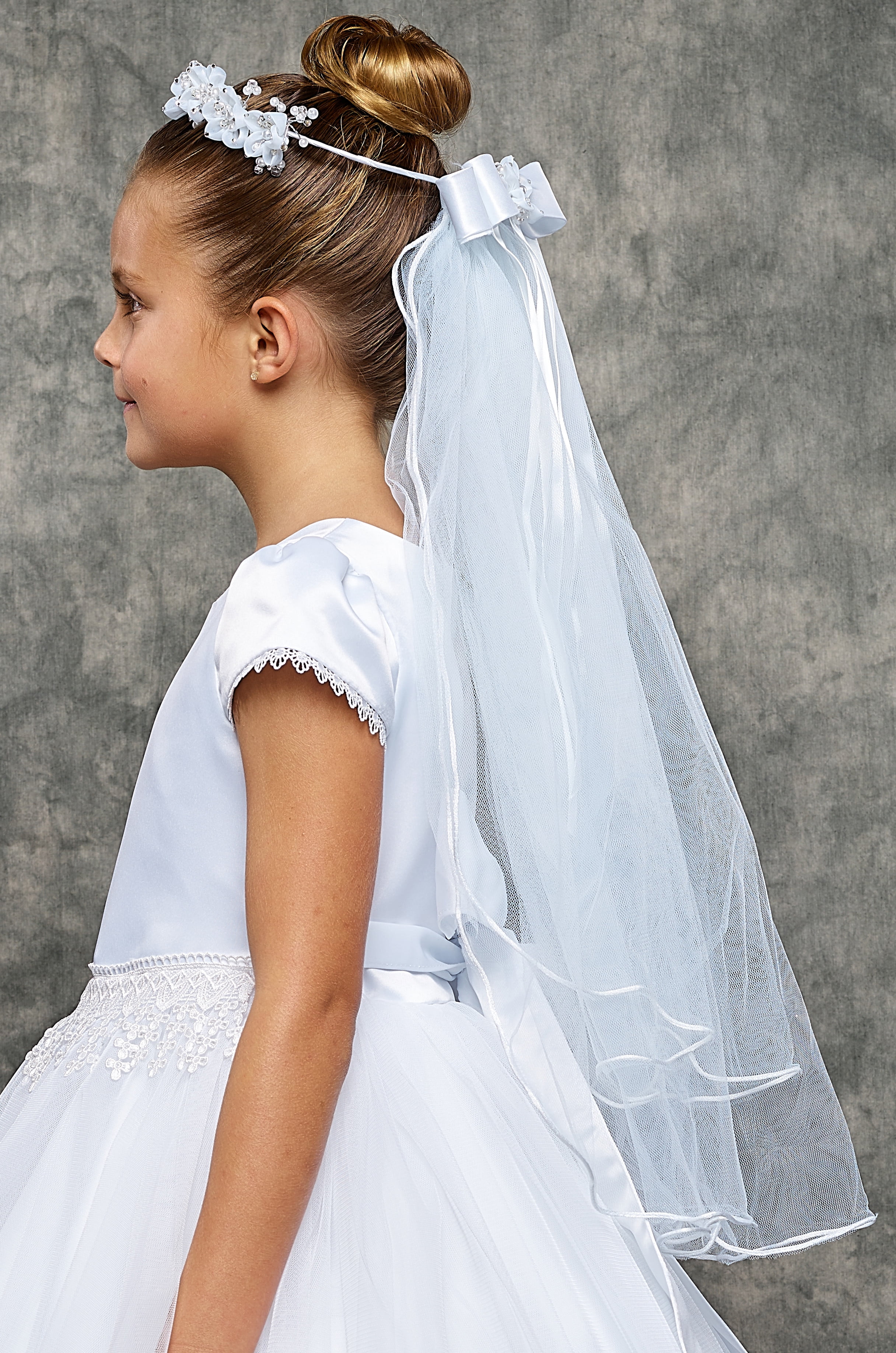 First Communion Flower Girl Veil attached  to comb 15" length White 