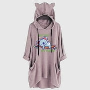 sebulube Women's Ear Hat Mid-length Blouse Mid-sleeve Cute Printed Hooded Loose Top