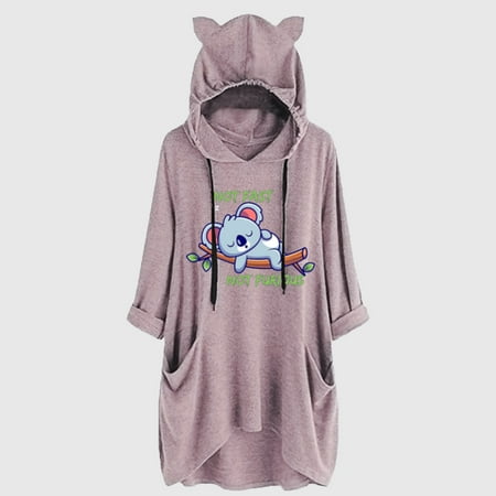 sebulube Women's Ear Hat Mid-length Blouse Mid-sleeve Cute Printed Hooded Loose Top