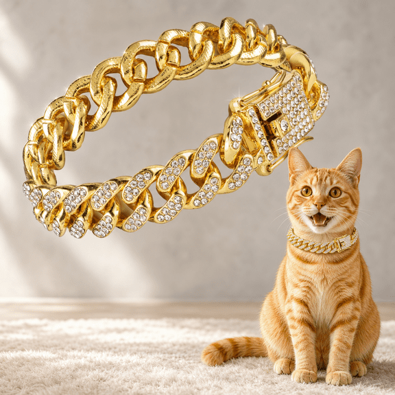 Cat Chain Collar, Diamond Cuban Link Kitten Walking Collar with Secure Buckle 12mm Wide Pet Rhinestones Necklace Metal Chain Jewelry Accessories for Cats Dogs Kittens Puppies 8inch(Gold)
