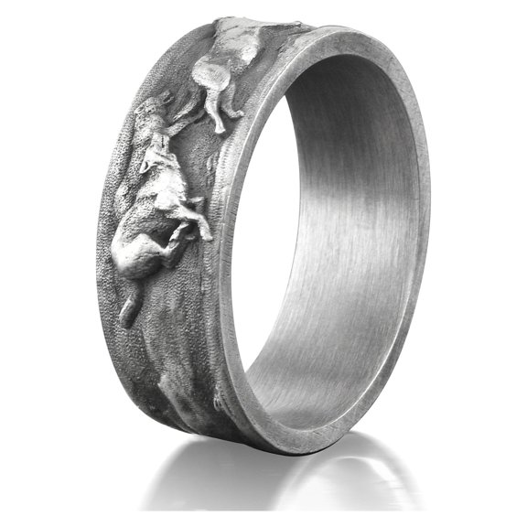 Wolf Family Silver Mens Nature Ring, Engraved Wolf Oxidized Promise Ring For Men, Silver Animal Ring For Boyfriend, Mens Wedding Band Ring