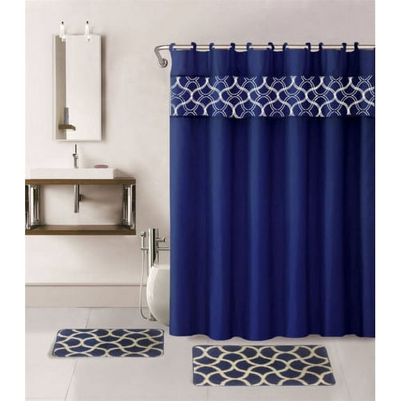 15-PC Geometric NAVY HIGH QUALITY Jacquard Bathroom Bath Rug Set Washable Anti Slip Rug 18"x28", Contour Mat 18"x18" and Toilet Seat Lid Cover 18"x19" with Non-Skid Rubber Back