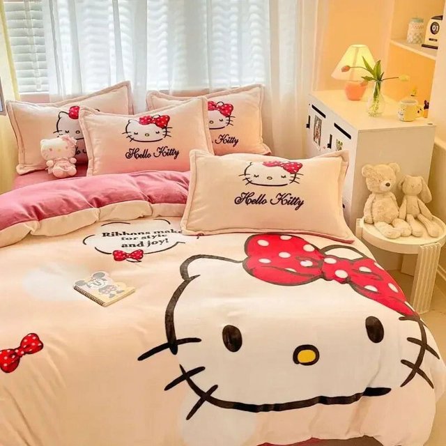 Creative new Hello kitty double-sided milk velvet four-piece set for couples light and comfortable double bed four-piece set