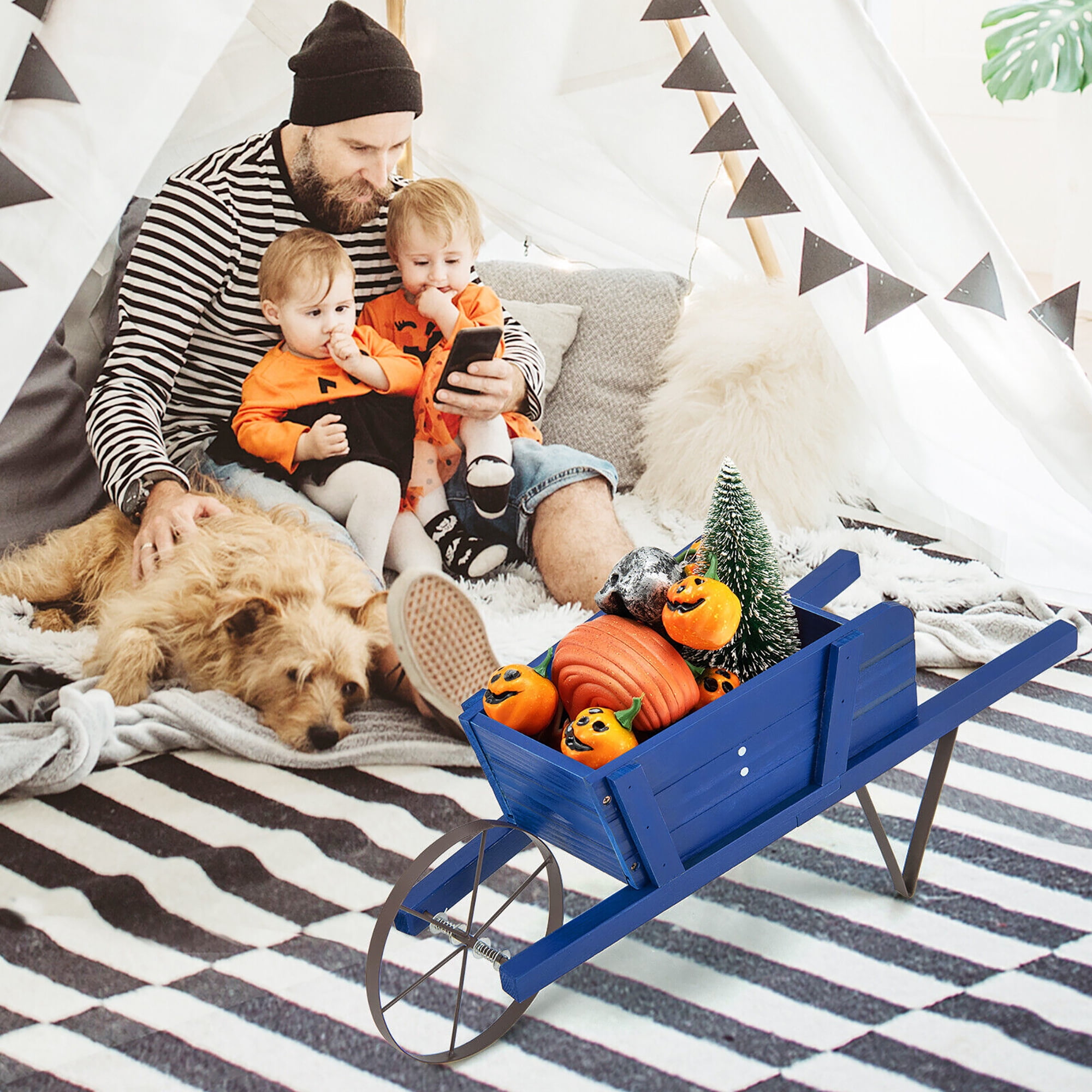 Gymax Wooden Wagon Planter Decorative Indoor/Outdoor Rustic Flower Cart w/Wheel Blue