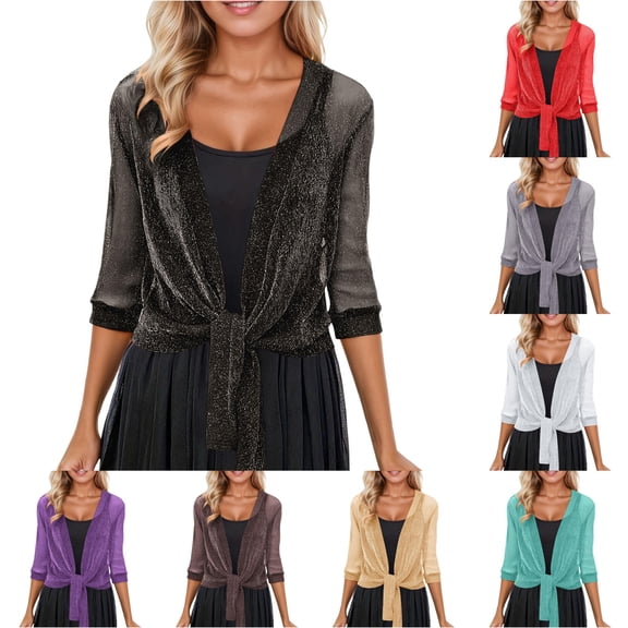 SUXIAN Crochet Cardigans for Women Carnival Elegant Lightweight Knit Cover up Casual Lace Mesh Short Sweater 3/4 Sleeve Summer Cardigan