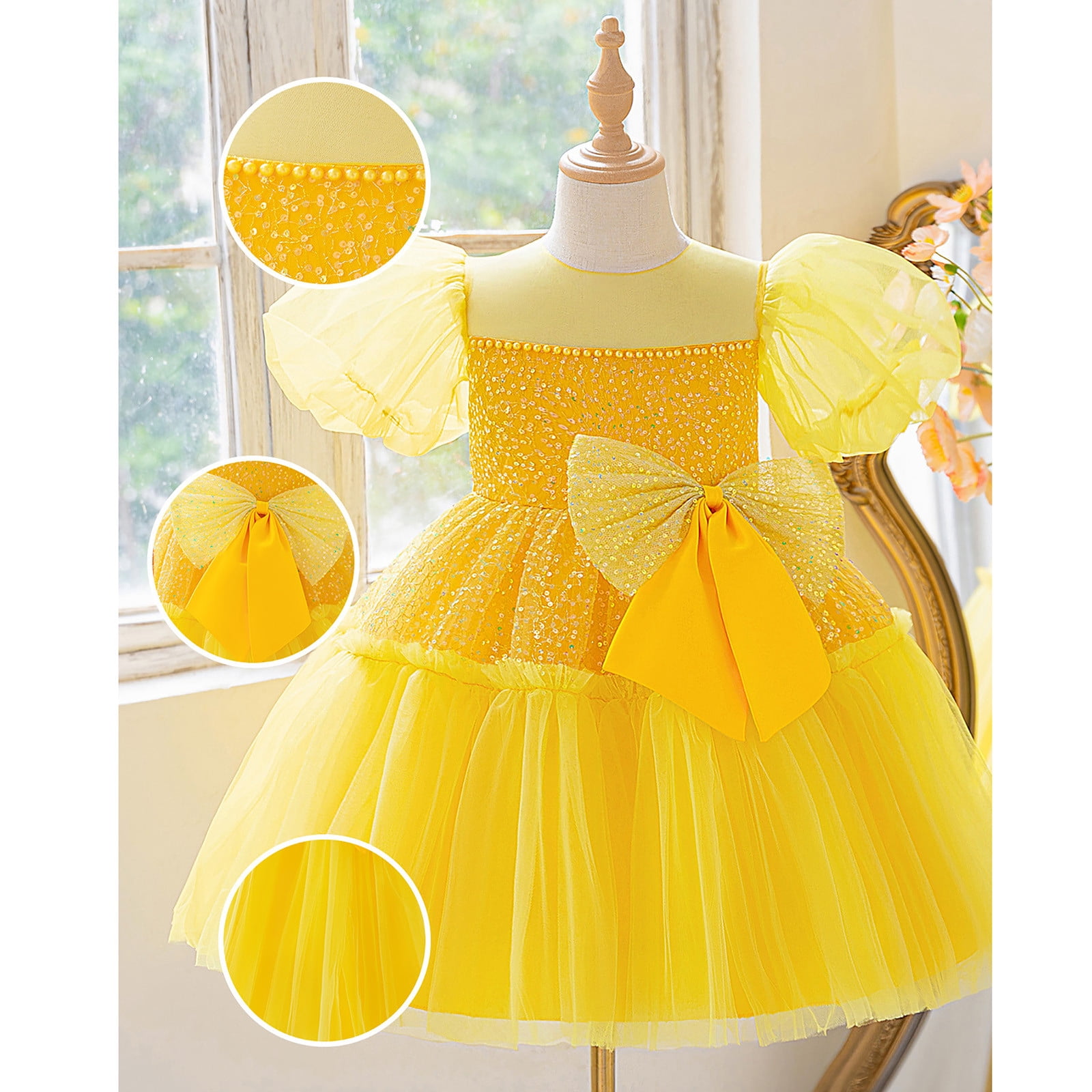Wdgfv Sparkly Sleeve Girls Dress Bow Detail Toddler Party Gown Formal Tutu Pageant Outfit For Birthday Photoshoot Yellow 3-4 Years