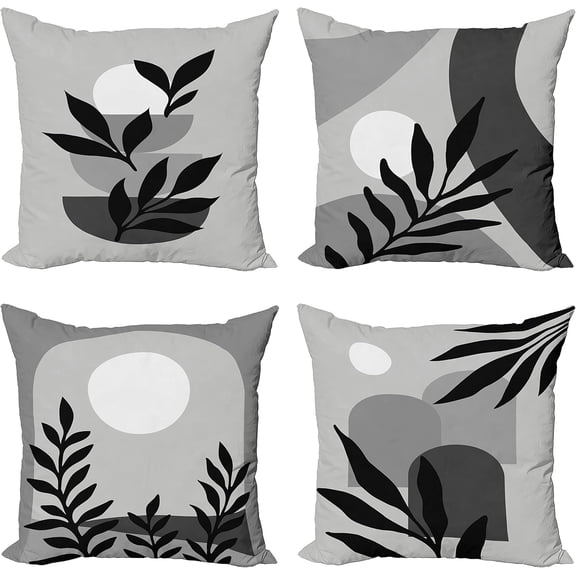 Minimal Throw Pillow Cushion Case Pack of 4, Modern Style Leaf Branch and Geometric Abstract Details Contemporary, Modern Accent Double-Sided Digital Printing, 18", Pale Grey and Dimgray